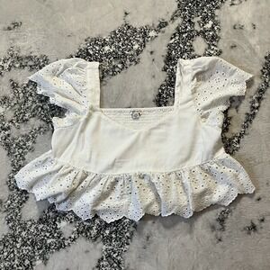 American Eagle Shirt Sz L white eyelet embroidered‎ babydoll ruffle sleeve crop